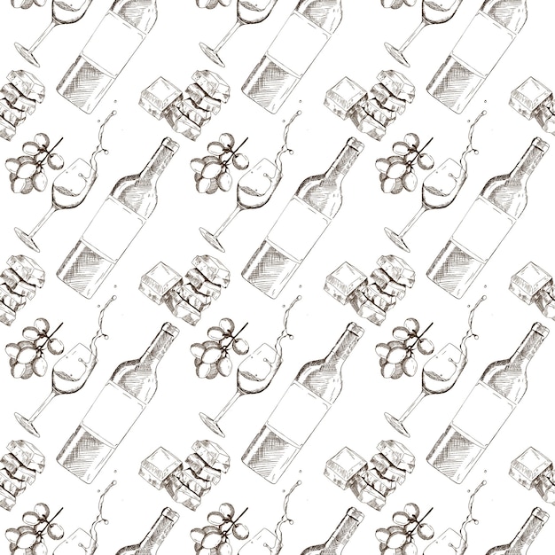 sketchstyle pattern with a bottle of wine and snacks