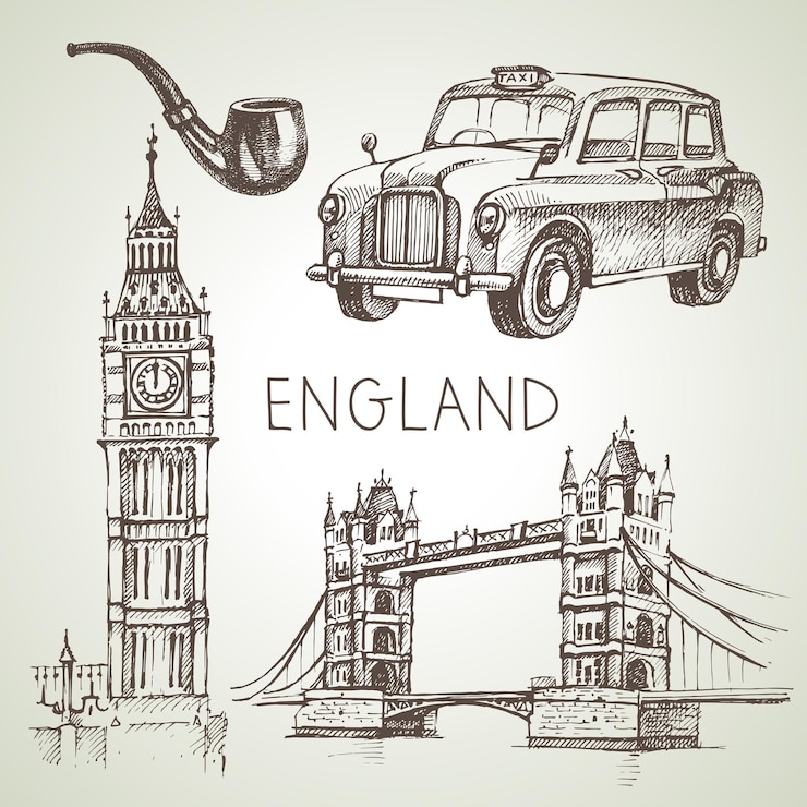 Vector sketsa digambar tangan set inggris vektor hitam putih vektor vintage ilustrasi london elemen britania raya