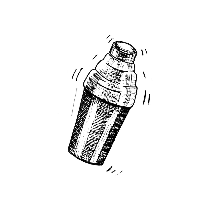 Sketsa pengocok koktail. Pengocok yang digambar tangan, diisolasi pada latar belakang putih. Ilustrasi vektor.