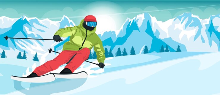 Skier in green jacket doing outdoor activity slalom and ski freestyle ride Scenic mountain landscape extreme sport Winter holiday resort Pine forest high peak and downhill Vector illustration