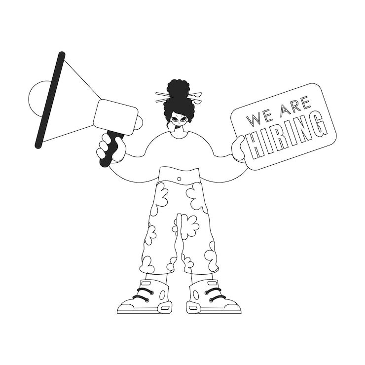 Vector skilled hr specialist woman holding a megaphone in her hands hr topic linear newspaper black and white style