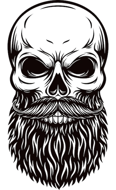 Skull hipster with bearded face black and white illustration