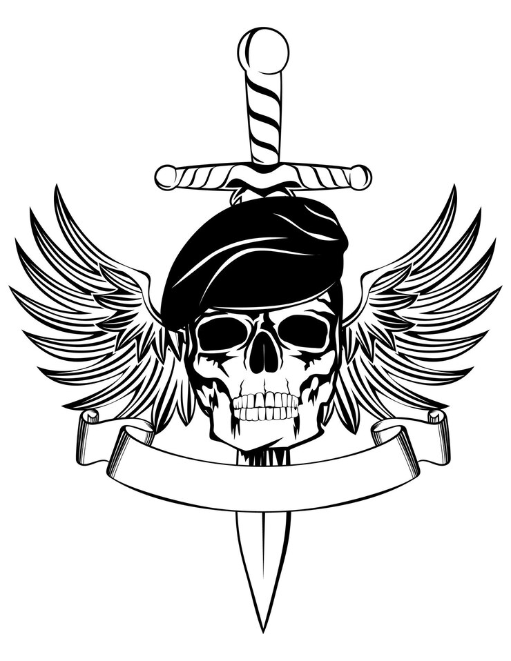 Skull in beret with dagger and wings