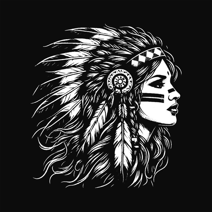 Skull Indian Apache Girl with Traditional Hat Grunge Vintage Style Hand Drawn Illustration Black and White