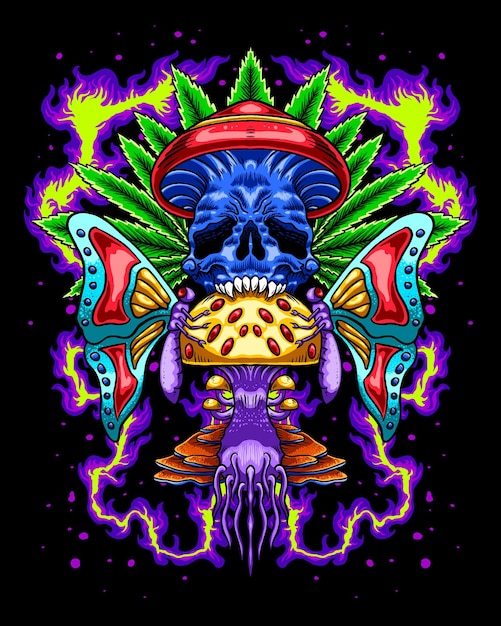 Skull mushroom with cannabis butterfly logo