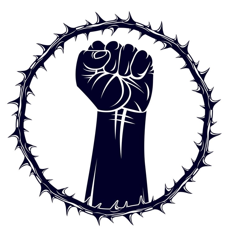 Vector slavery theme illustration with strong hand clenched fist fighting for freedom against blackthorn thorn, vector logo or tattoo, through the thorns to the stars concept.