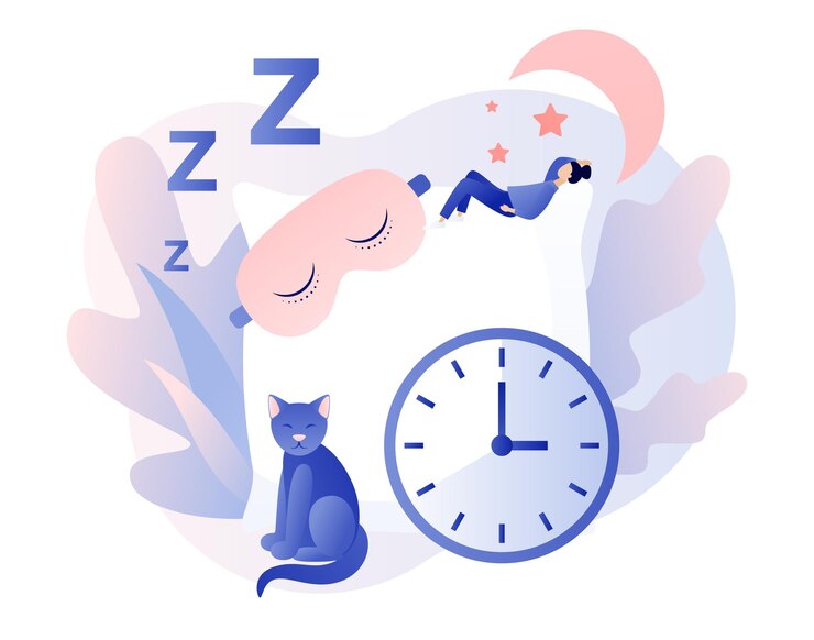 Vector sleep time sweet dreams good health and work of biological rhythms tiny woman sleeps in mask