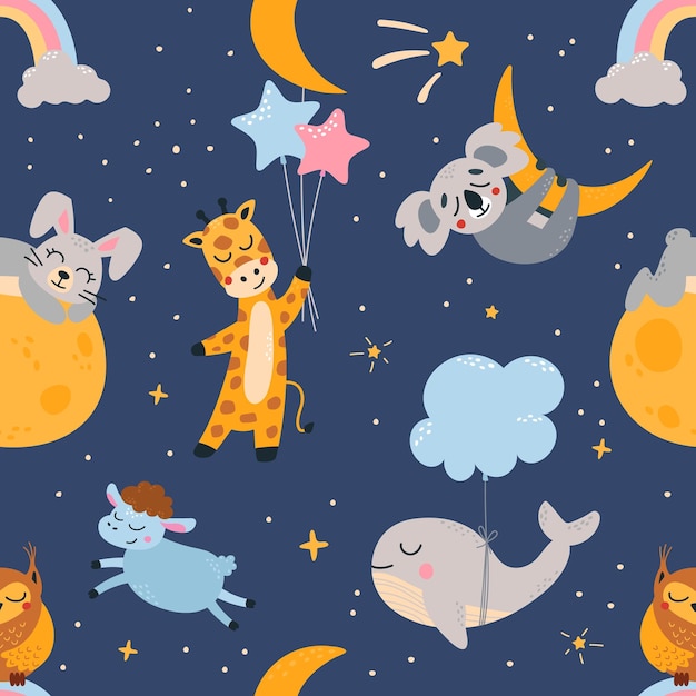 sleeping animals seamless pattern dream whale sleep animal cute cartoon children background bedtime textile print classy vector graphic design