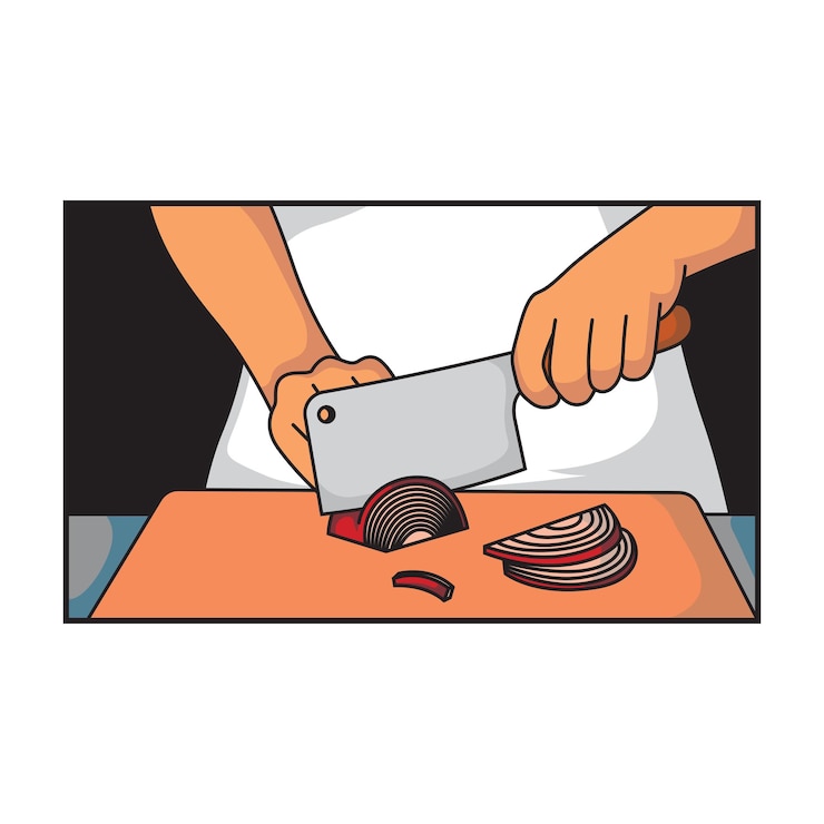 Vector slice the onion with a large knife