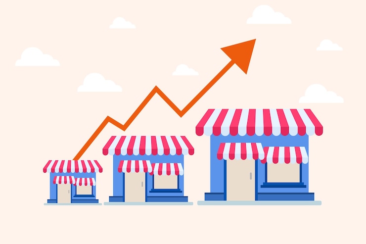 Vector small business idea shop lined up with a rising graphic on it small business idea illustration