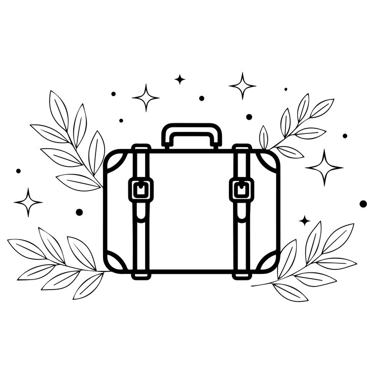 Small Suitcase Silhouette Black amp White Line Art with Leaves amp Stars