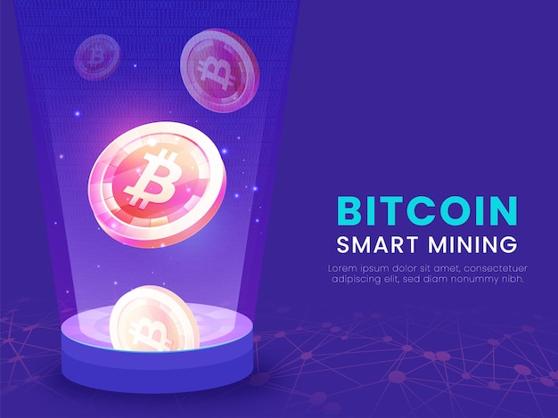 smart bitcoin mining concept with abstract digital technology violet background.