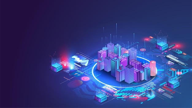 smart city or intelligent building isometric concept building automation with computer networking illustration data center blockchain technology smart city and communication network concept