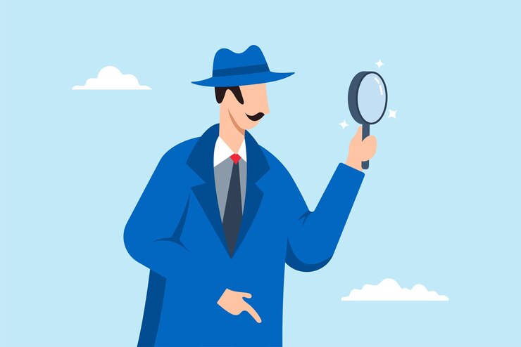 Smart detective looking through magnifying glass
