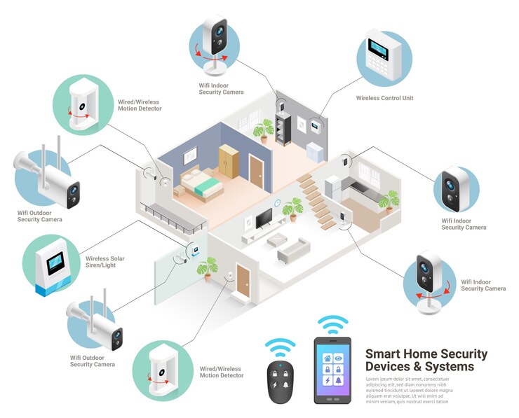 Vector smart home devices and systems isometric illustrations