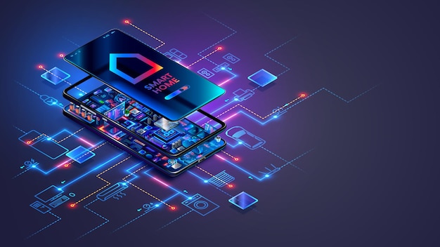 Smart home iot system technology isometric concept Smart devices in case Smartphone connection with internet Smart home with AI system controls IOT system through smartphone IOT home network