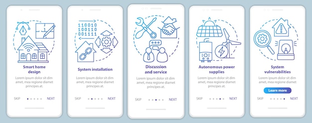 smart home onboarding mobile app page screen vector template. home automation system design and service. walkthrough website steps with linear illustrations. ux, ui, gui smartphone interface concept