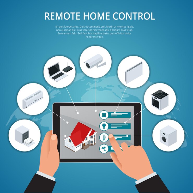 Vector smart house and internet of things concept. smartphone controls smart home like smart plug, fridge coffee maker washer microwave and music center flat icons. illustration.