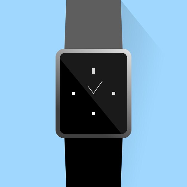 smart watch in black color with time on display on light blue background with shadow flat style