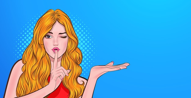 Smart woman with finger on lips silence gesture In Retro Vintage Pop Art Comic Style