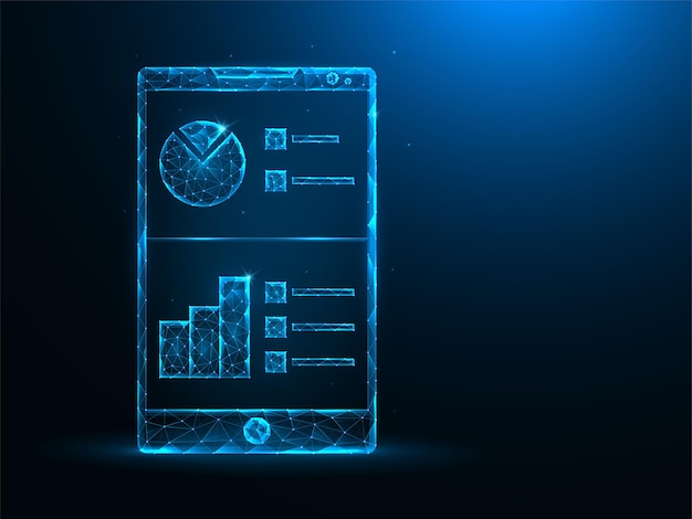 Smartphone and analytical data low poly art. Mobile analytics, data graph polygonal  illustrations on a blue background.