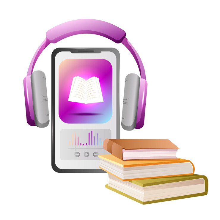 Smartphone Application for Listening Audio Book Headphones phone books Isolated on White Background