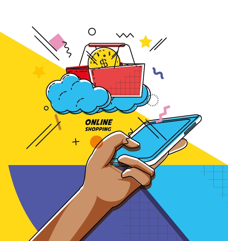 Vector smartphone dengan ikon belanja online bergaya pop art
