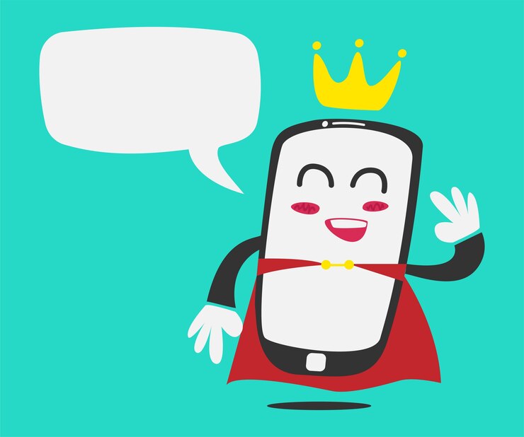 Vector smartphone king mascot character say hallo in flat funny style with bubble speech template