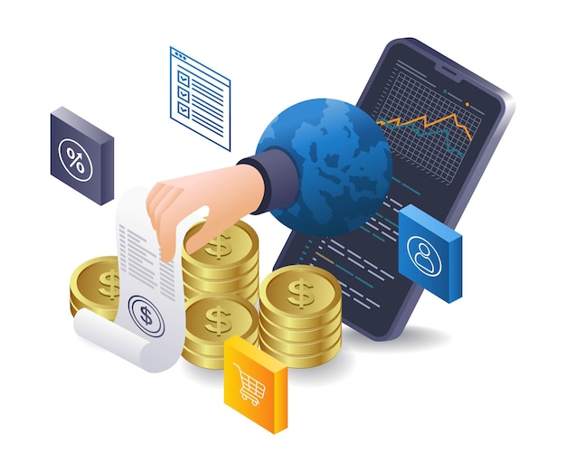 Smartphone online business income details infographics flat isometric 3d illustration