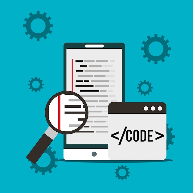 smartphone program coding magnifying glass search 