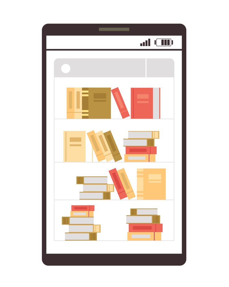 Vector smartphone with book shelf online library concept flat modern style graphic illustration