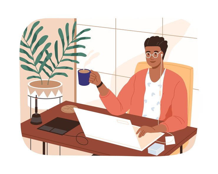 Vector smiling black skin freelancer male working remotely use laptop vector flat illustration. modern designer man sitting at table with cup of coffee isolated. self employed guy at comfortable workplace.