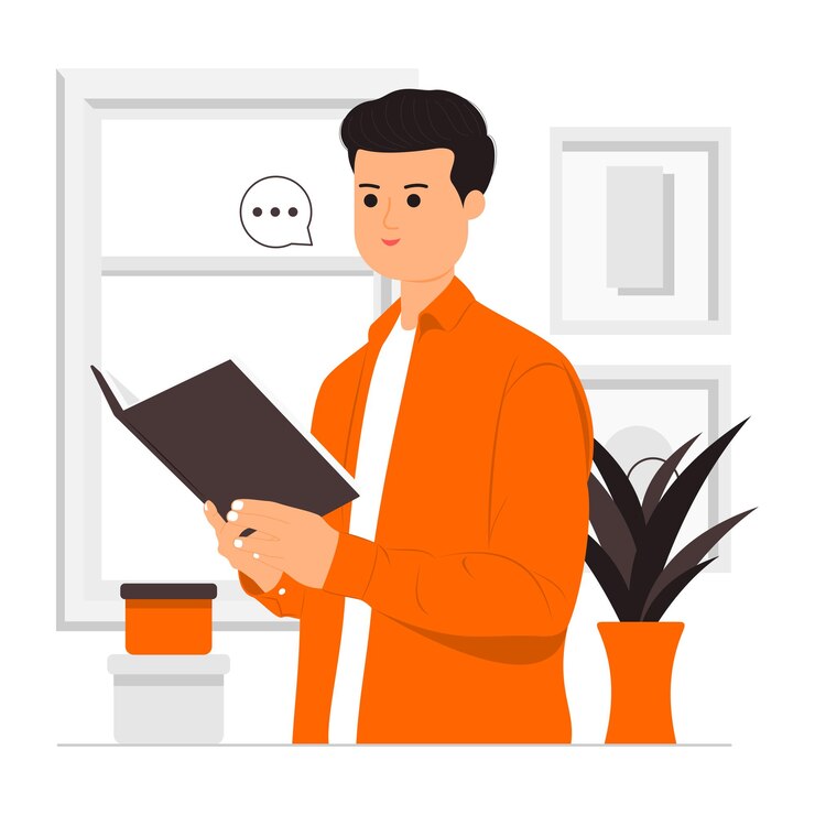 Vector smiling boy reading book illustration
