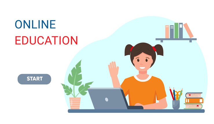 Vector smiling female pupil studying online at home young girl with laptop in room