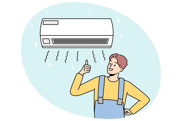 Vector smiling man technician showing thumb up installing conditioner indoors happy male specialist repair condition device recommend good quality service vector illustration