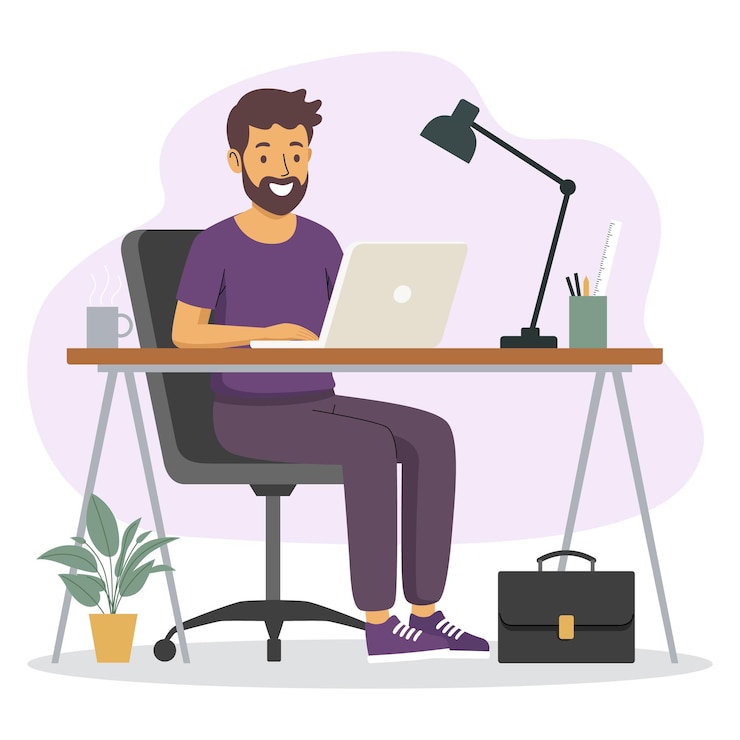 Vector smiling man working on a laptop at his desk in a modern home office environment