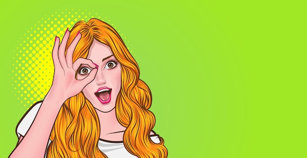 Smiling woman making glasses shape with her hands pop art retro comic style