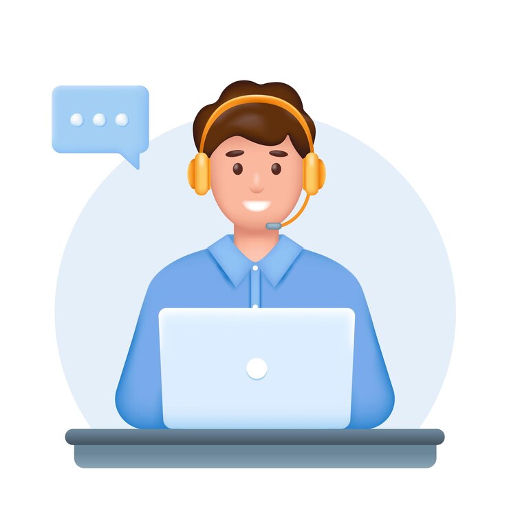 Vector smiling young man with headphones microphone and laptop 3d customer service support or call center