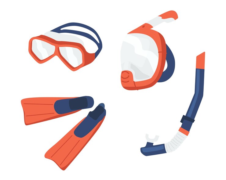 Vector snorkel masks and flippers isolated on white background. scuba diving equipment glasses, mouthpiece tube and flippers
