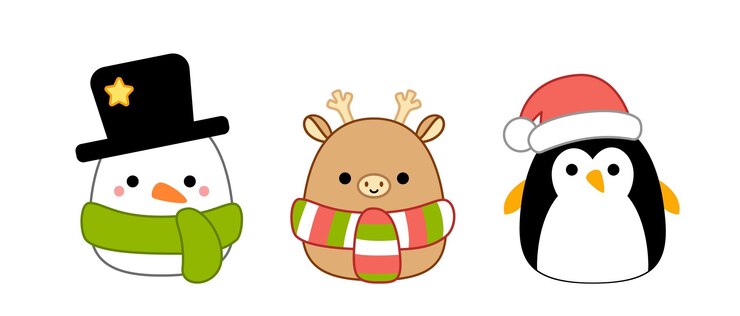 Vector snowman deer in scarf penguin in christmas hat squishmallow pillow cartoon kawaii vector