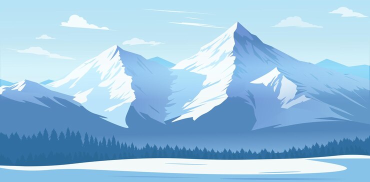 Snowy mountain landscape with pine forest in winter scene vector illustration