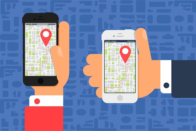 social life with smartphone. electronic map on smartphone in hand in flat minimalistic style.  