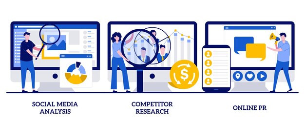 social media analysis, competitor research, online pr concept with tiny people. product advertising strategy development vector illustration set. smm analytics, audience segmentation metaphor.