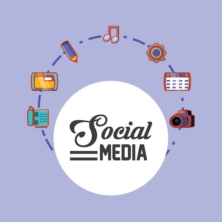 Vector social media design with related icons around 