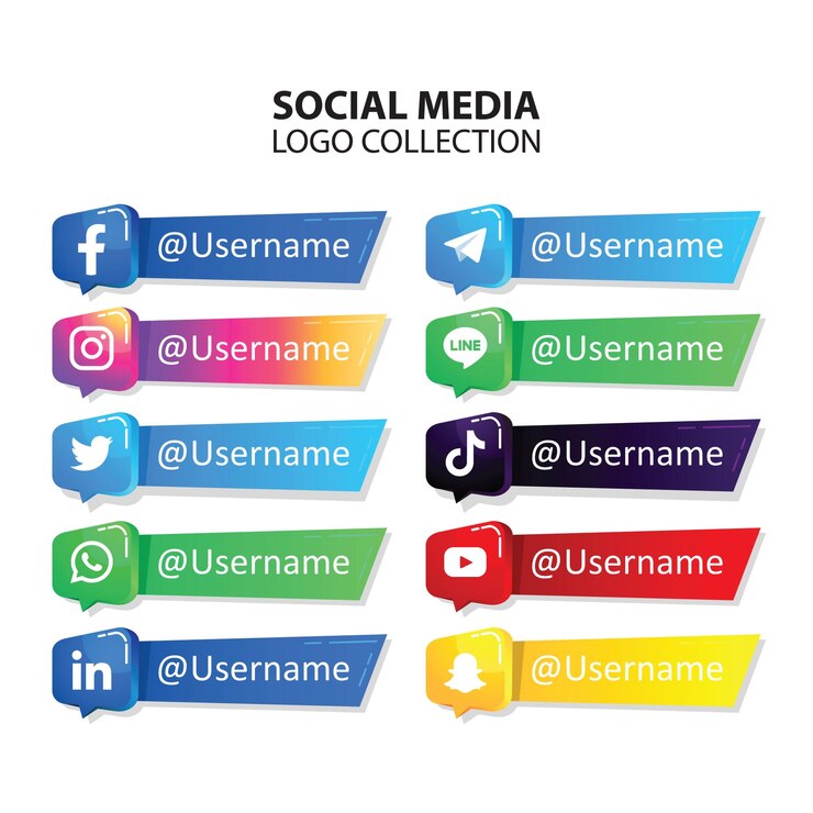 Vector social media icons set and username with 3d design