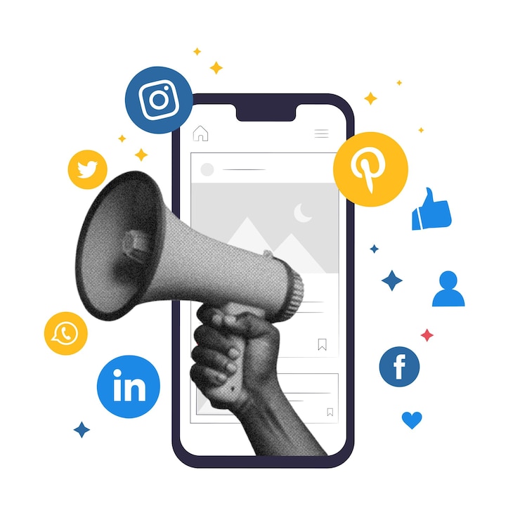 Vector social media marketing mobile phone concept influencer with trendy effet hand halftoon hand