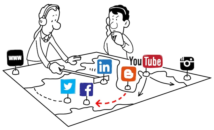 Vector social media marketing strategy line art illustration