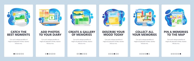 Social media photo sharing app Diary blog and memories notebook Mobile app onboarding screens Menu vector banner template for website and mobile development Web site design illustration