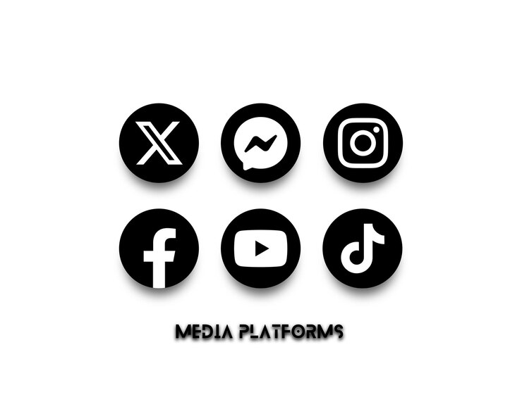 Social media platforms logos and icons set in black and white