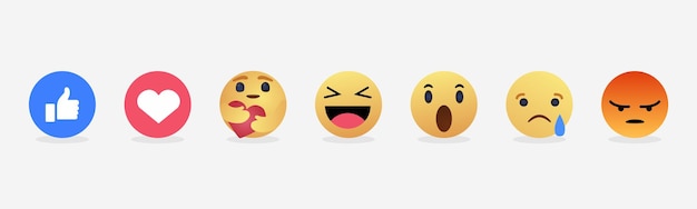 Social media reactions emojis Thumb up Like Love Heart Hug emoji Haha laughing surprised emoji Sad crying angry 3D vector emoticons
